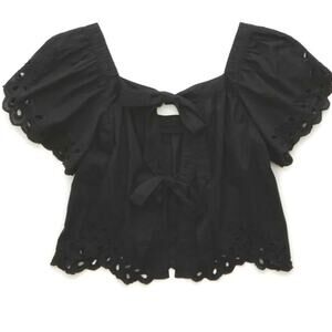 NWT American Eagle Black Cropped Eyelet embroidered tie back top Size Small